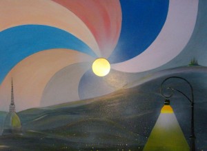 Gianpiero Actis: “Torino di Luce”, tecnica mista su tela, 50 x 70, 2010 An Evening Sky Era dolce il profumo di quelle sere quando i nostri passi inventavano lunghi itinerari nei giardini d’estate quando lentamente i lampioni si accendevano e gareggiando con la luna e le stelle formavano parabole di luce sulle pietre opache dei sentieri. La vita allora appena iniziata sembrava svelare solo per noi un cielo di colori irreali. Innumerevoli immagini (schegge di ricordi lontani) che oggi si compongono e si frantumano nel caleidoscopio stanco della mente. Lidia Chiarelli (Premio Il Meleto di Guido Gozzano, 2012) (Poesia in ricordo di mio padre Guido Chiarelli, artefice degli impianti di illuminazione a Torino 1956-1968) 