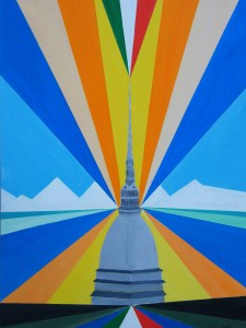 Gianpiero Actis: “Mole Antonelliana”, tecnica mista su tela, 30 x 40, 2007 UNA GUGLIA Devi immaginare di salire sulla guglia e di guardare giù tutta la città viva con colori edifici, parchi e un puntino – me che guardo in su un sole invernale che illumina un freddo cielo blu dalla sommità puoi immaginare di fare un cenno non visto da me laggiù indaffarata con la famiglia e gli amici una chiazza di caldi colori rossi e bruni immagina solo di essere là in alto per spaziare con lo sguardo più ampiamente da una guglia. Aeronwy Thomas Torino, 2006 Traduzione: Lidia Chiarelli 